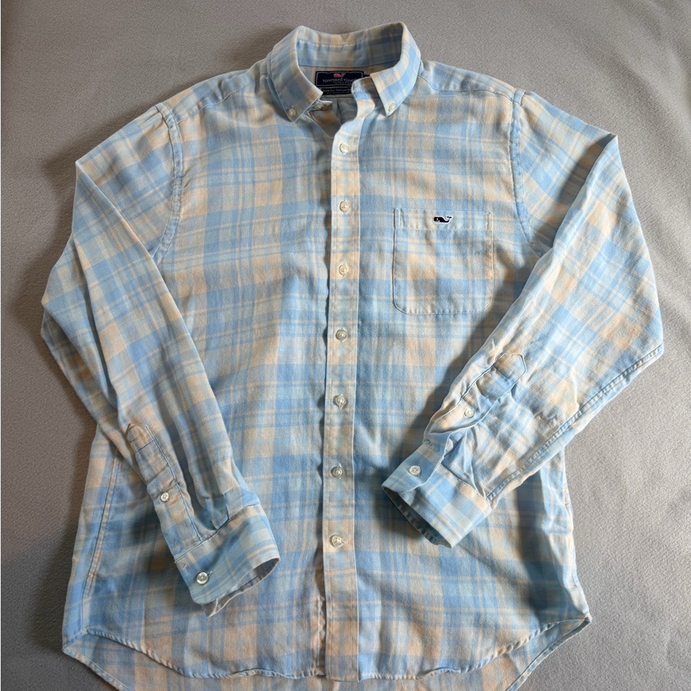 Vineyard Vines Light Blue and Cream Plaid Cotton/Linen Button-Down Shirt
